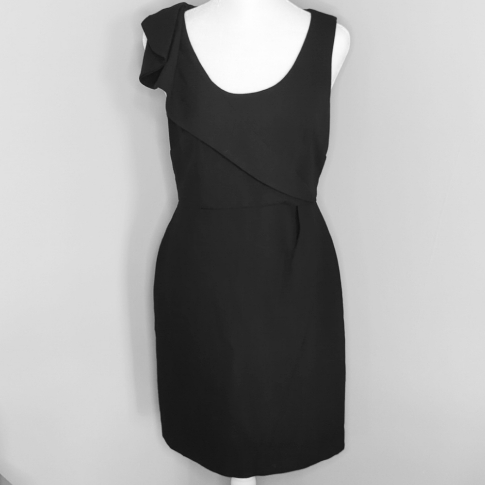 Ann Taylor Loft black sheath dress ruffle shoulder sleeveless